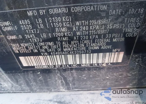 2019 Subaru Outback 2.5I z USA, uszkodzony, nr VIN 4S4BSABC4K3250712